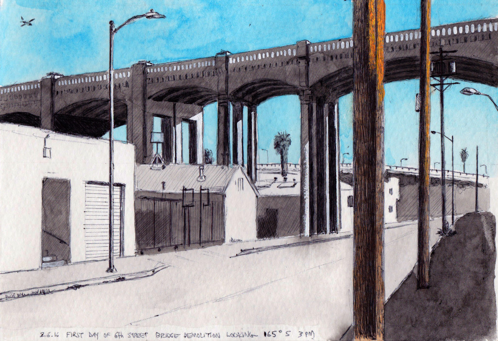 First Day Of 6th Street Bridge Demolition 2.6.16 3 PM Looking 165 Degrees South 2016 Ink and gouache on paper 5.5x8 inches