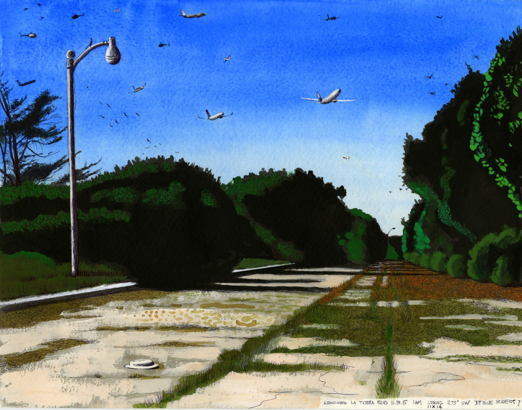 Abandoned La Tijera Boulevard 11.19.15 Looking 235 Degrees SW 2015 Ink and gouache on paper 11x14 inches