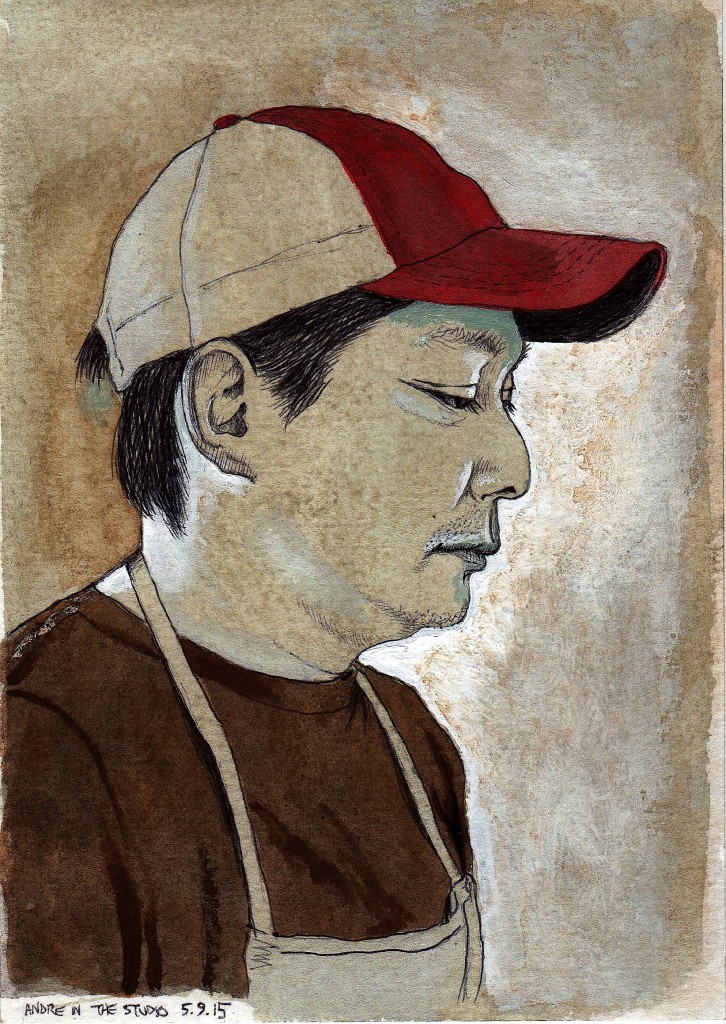 Andre In The Studio, May 9, 2015 2015 Ink and gouache on paper 8x5 inches