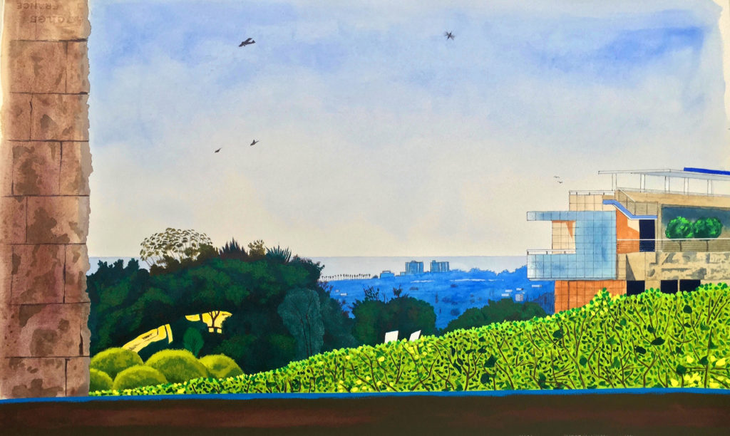 Getty 7.28.16 Looking 275 Degrees West/London Calling 2016 Ink and gouache on paper 19x30 inches (Private Collection)