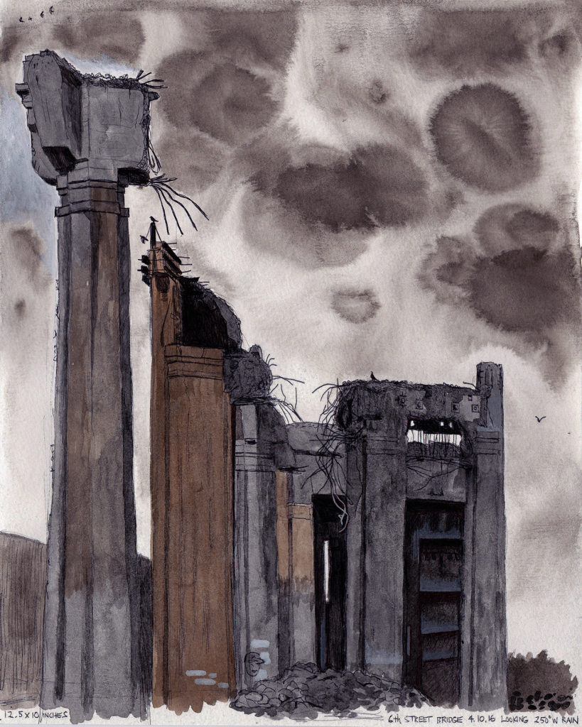 6th Street Bridge Demolition/Rain 4.10.16 Looking 250 Degrees West 2016 Ink and gouache on paper 12.5x10 inches