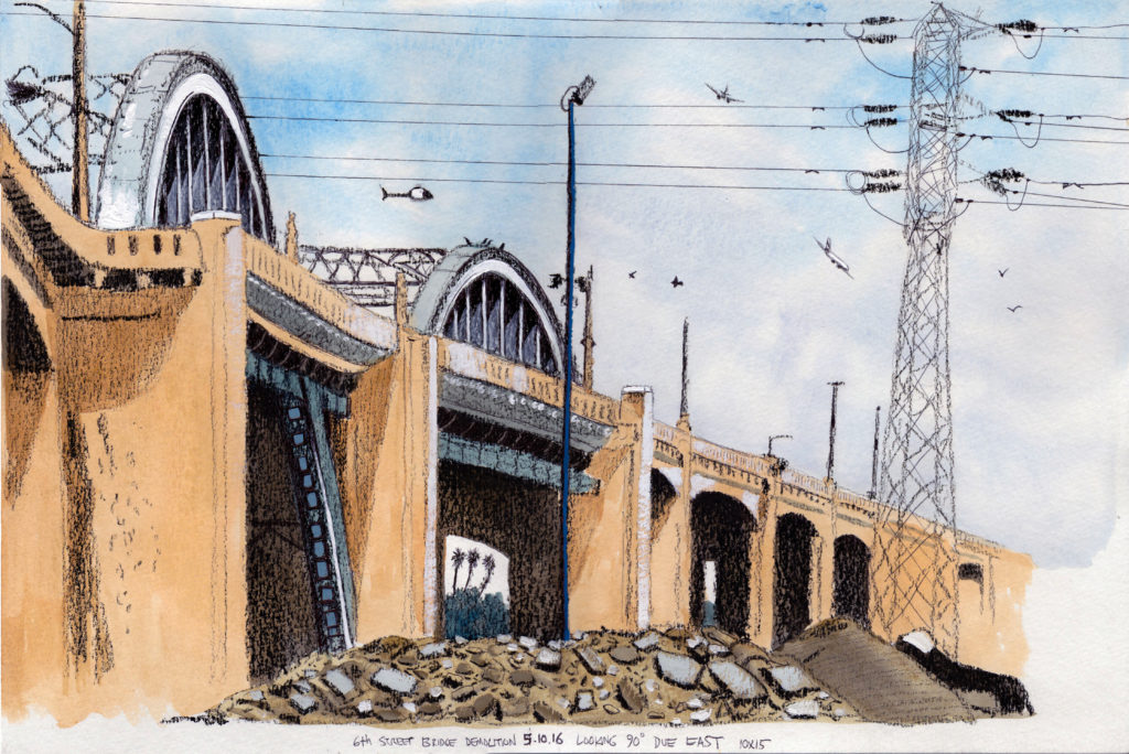 6th Street Bridge Demolition 5.10.16 Looking 90 Degrees Due East 2016 Ink, goauche and china marker on paper 10x15 inches