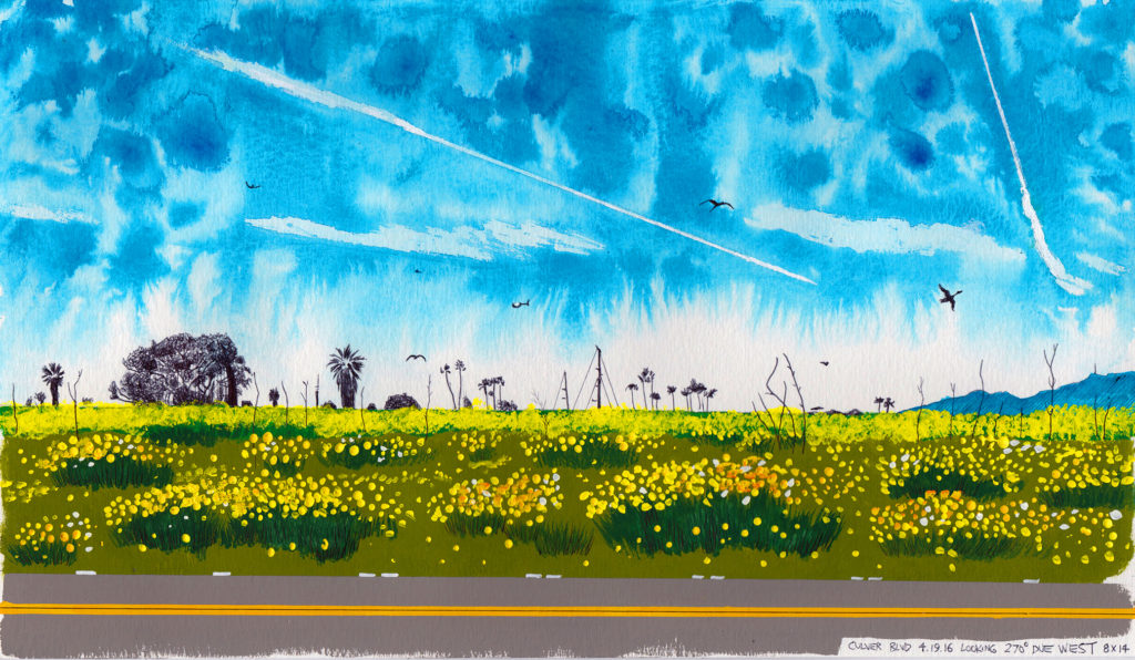 Culver Blvd 4.19.16 Looking 270 Degrees Due West 2016 Ink and gouache on paper 8x14 inches