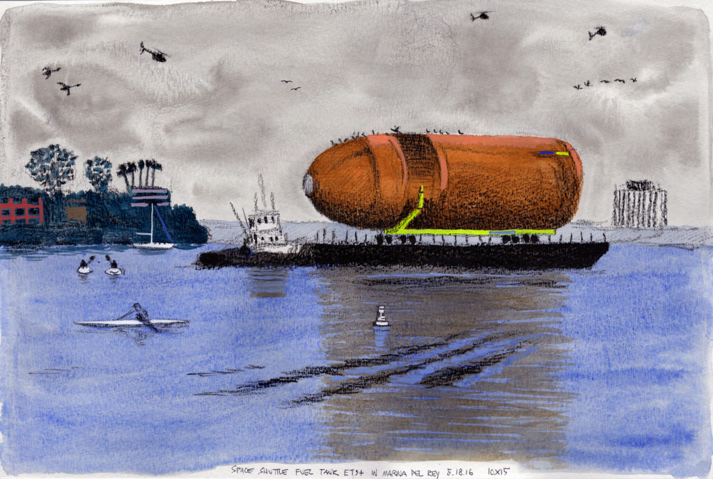 Space Shuttle Fuel Tank ET94 in Marina Del Rey 5.18.16 2016 Ink, gouache and china marker on paper 10x15 inches