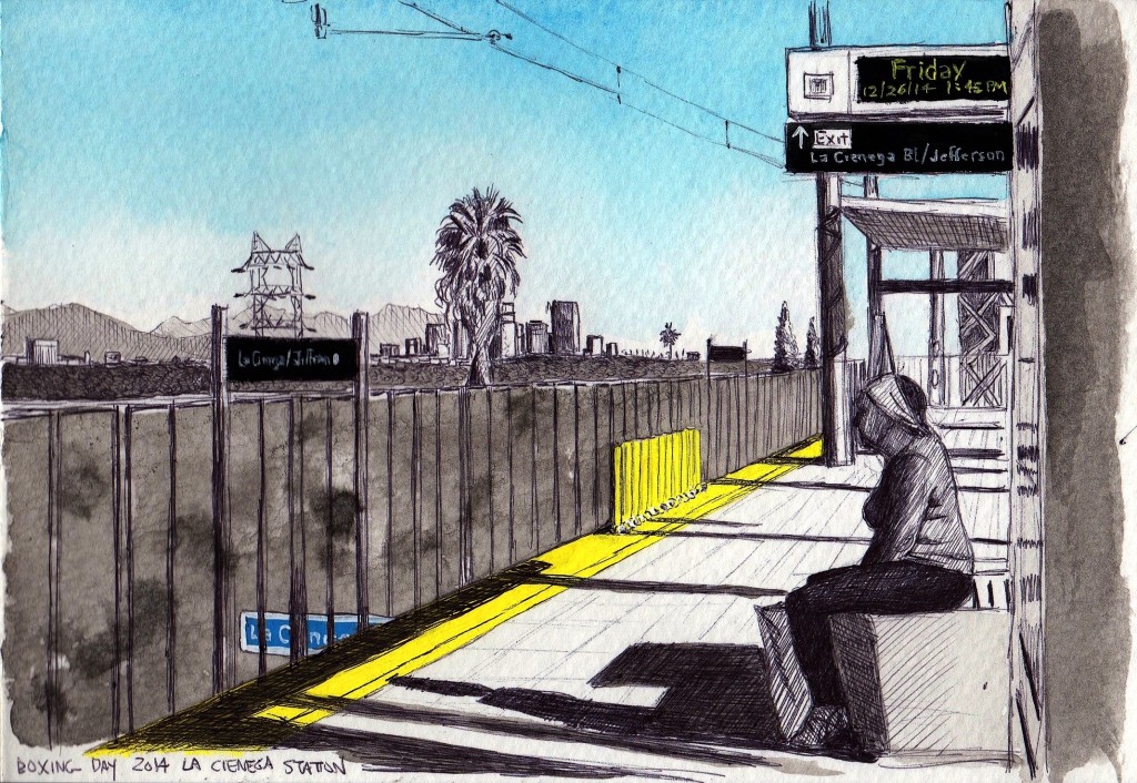 La Cienega Station 2014 ink and gouache on paper 5x8 inches