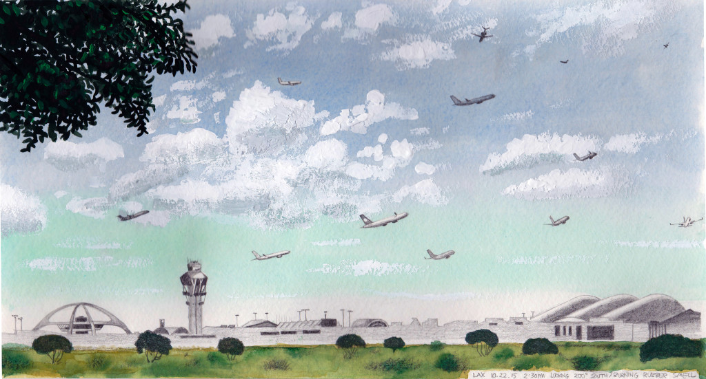 LAX 10.22.15 Looking 200 Degrees South 2015 Graphite and gouache on paper 7.5x14 inches