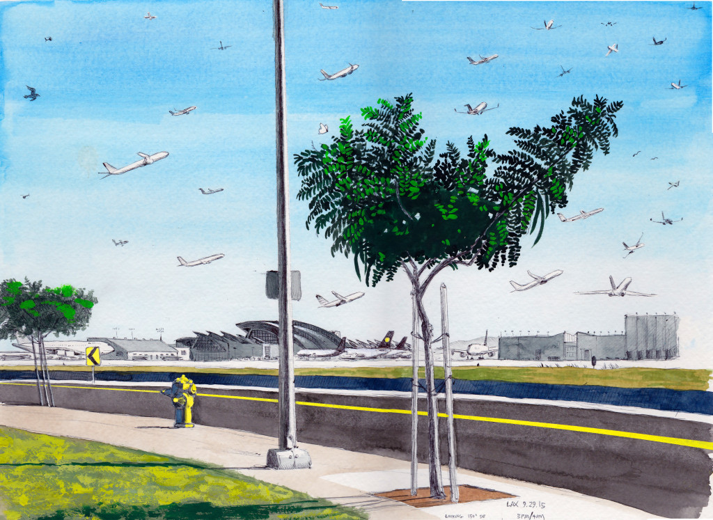 LAX 9.29.15 Looking 150 Degrees Southeast 2015 Ink and gouache on paper 11x15 inches