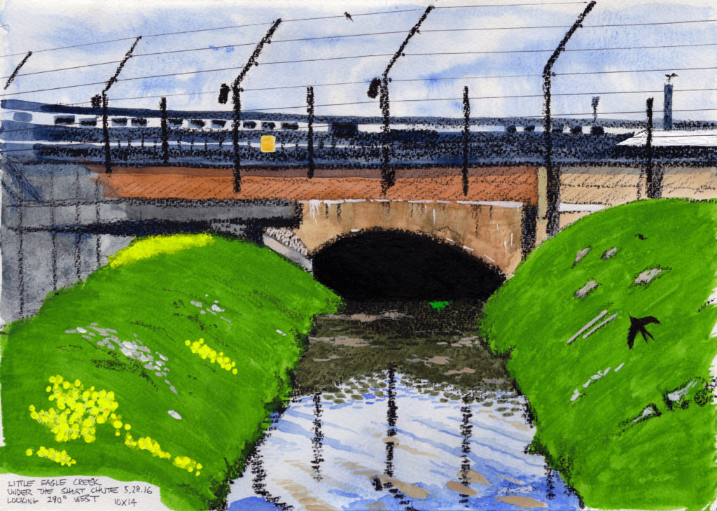 Little Eagle Creek Under The Short Chute Looking 290 Degrees West 5.28.16 2016 Ink, gouache and china marker on paper 10x14 inches