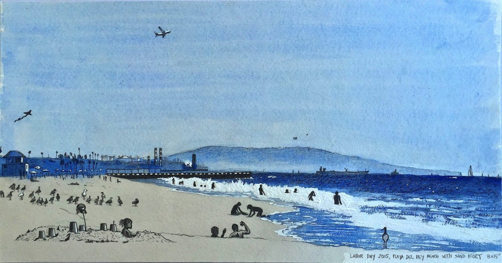 Labor Day 2015, Playa Del Rey Beach With Sand Fort 2015 Graphite and gouache on paper 8x15 inches