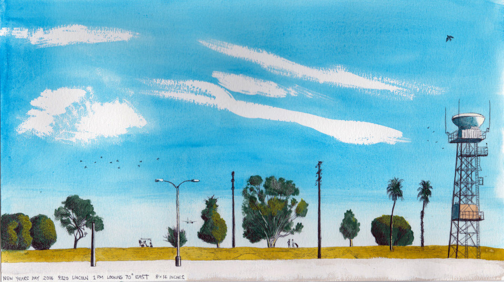 New Year's Day 2016, 1 PM 9320 Lincoln Blvd. Looking 70 Degrees East 2016 Ink and gouache on paper 8x14 inches