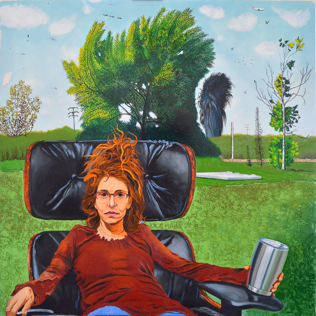 Maura at Ballona in Eames Chair With Tea 2016 o/c 54x54 inches