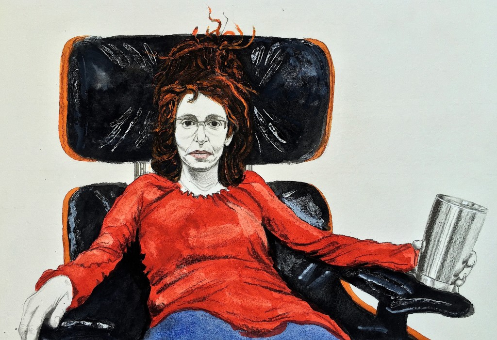 Maura In Eames Chair With Tea 2015 Graphite and gouache on paper 10x15 inches