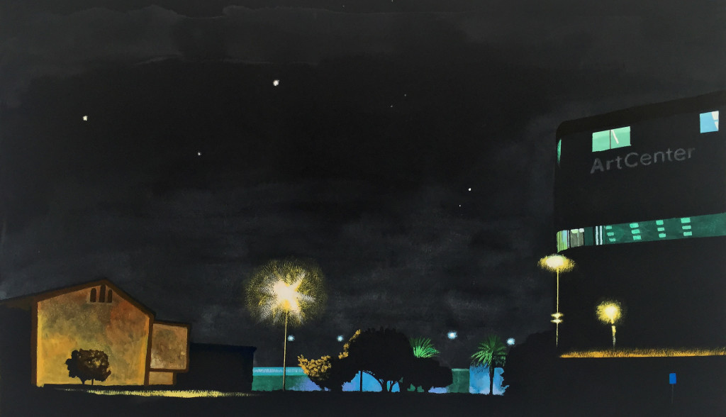 Nocturne: 1111 Arroyo Parkway 2015 ink and gouache on black Arches paper 17x30 inches