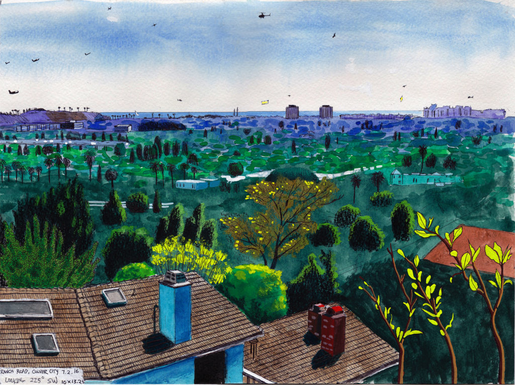 Ranch Road, Culver City, 7.2.16 Looking 225 Degrees SW 2016 Ink and gouache on paper 10x13.25 inches