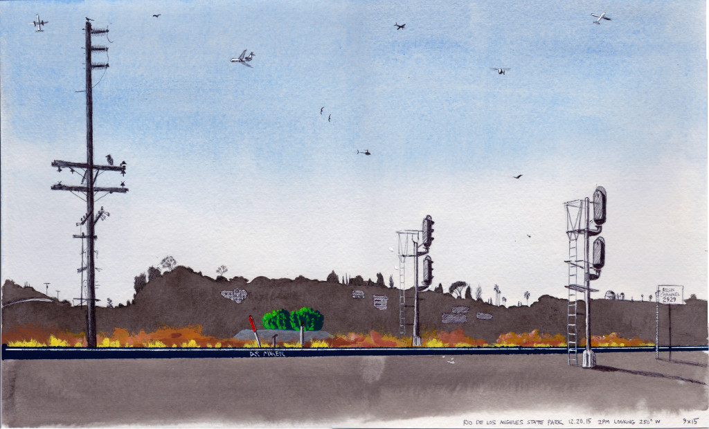 Rio De Los Angeles State Park, 12.20.15 2 PM Looking 250 degrees West 2015 Ink and gouache on paper 9x15 inches