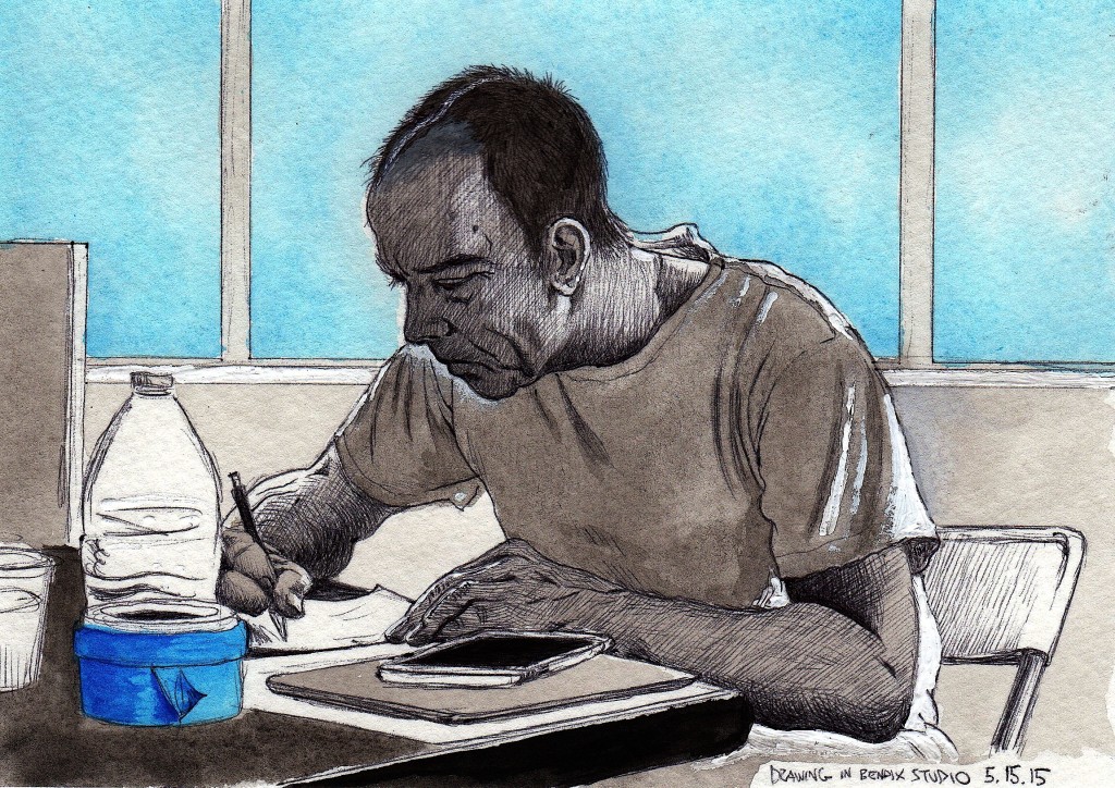 Selfie Drawing At Bendix Studio, May 15, 2015 2015 Ink and gouache on paper 5x8 inches