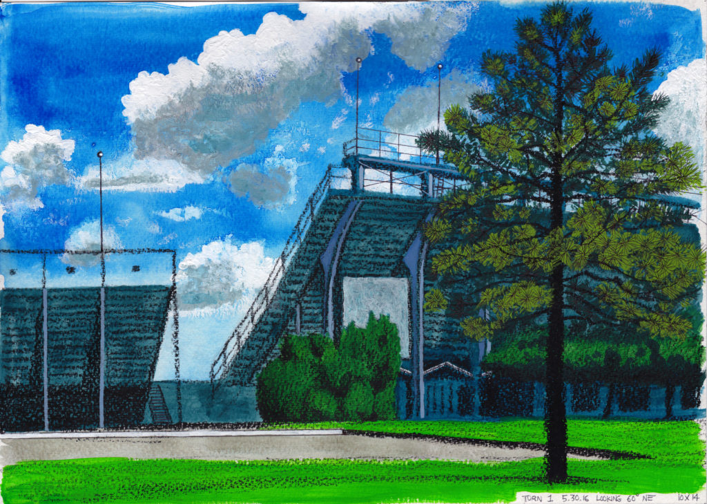 Turn 1 Grandstands and Tree Looking 60 Degrees NE 5.30.16 2016 Ink, gouache and china marker on paper 10x14 inches