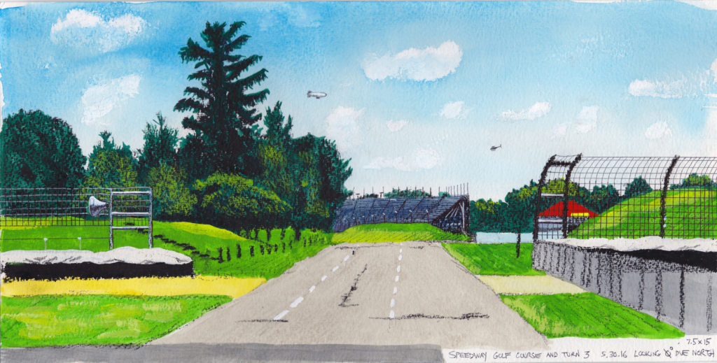 Speedway Infield Golf Course and Turn 3 Grandstands Looking Zero Degrees Due North 5.30.16 2016 Ink, gouache and china marker on paper 7.5x15 inches
